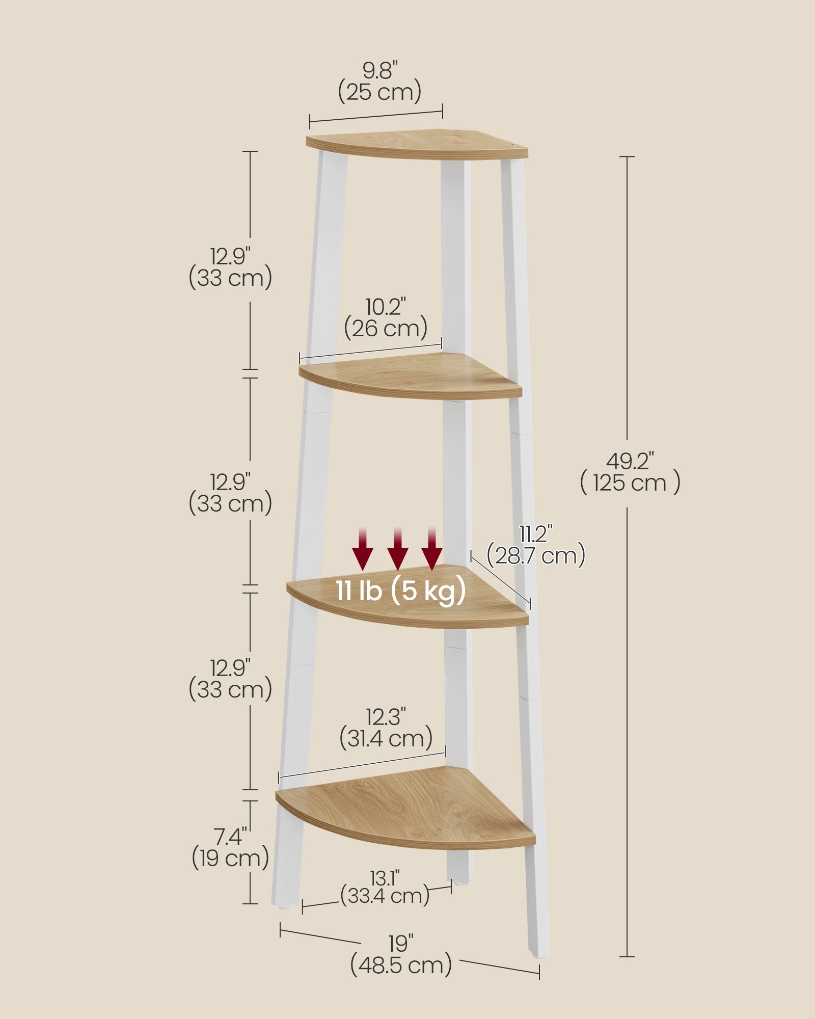 4-Tier Corner Shelf Unit – Natural Oak and Matte White – Industrial Style Organizer for Home and Living Spaces
