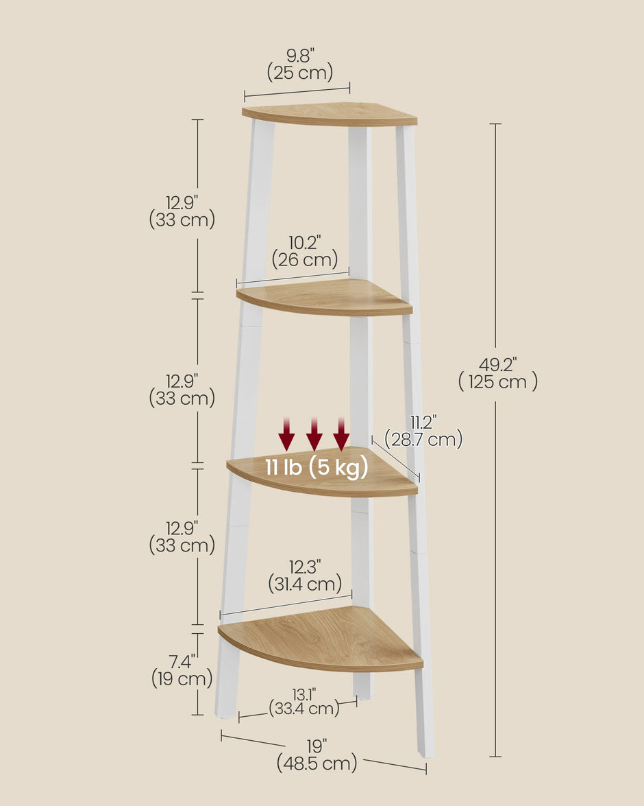 4-Tier Corner Shelf Unit – Natural Oak and Matte White – Industrial Style Organizer for Home and Living Spaces