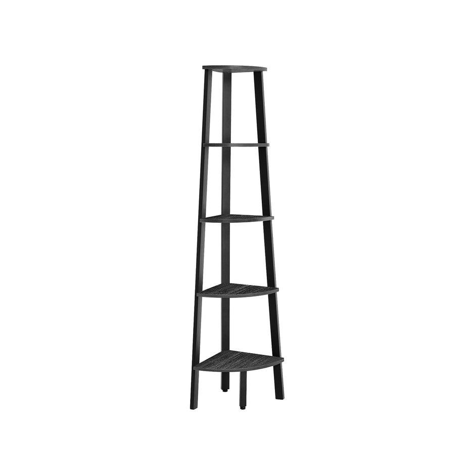 5-Tier Corner Shelf Unit – Wood and Metal – Charcoal Gray and Matte Black – Industrial Design
