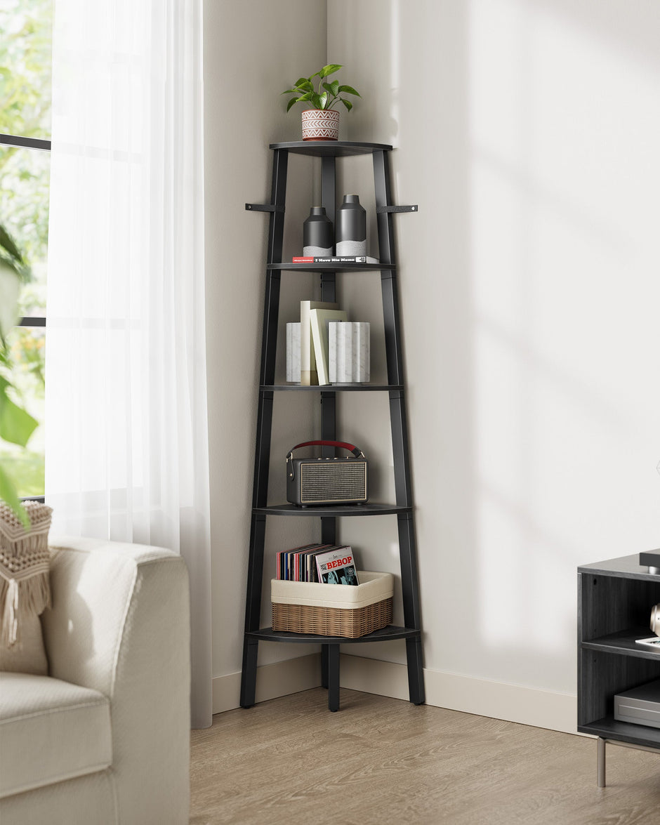 5-Tier Corner Shelf Unit – Wood and Metal – Charcoal Gray and Matte Black – Industrial Design