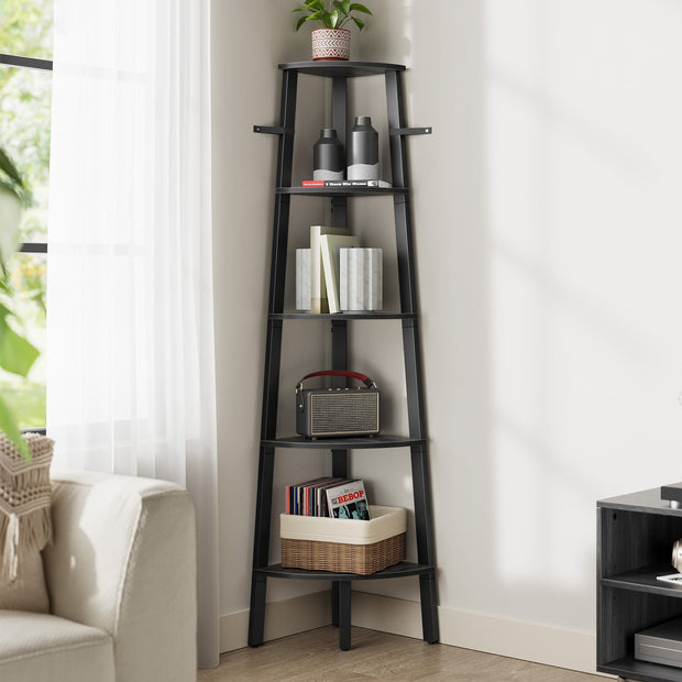 5-Tier Corner Shelf Unit – Wood and Metal – Charcoal Gray and Matte Black – Industrial Design