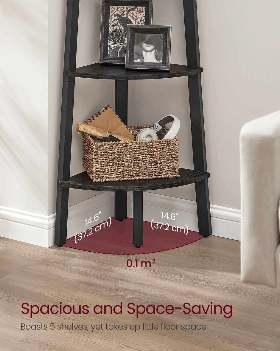 5-Tier Corner Shelf Unit – Wood and Metal – Charcoal Gray and Matte Black – Industrial Design
