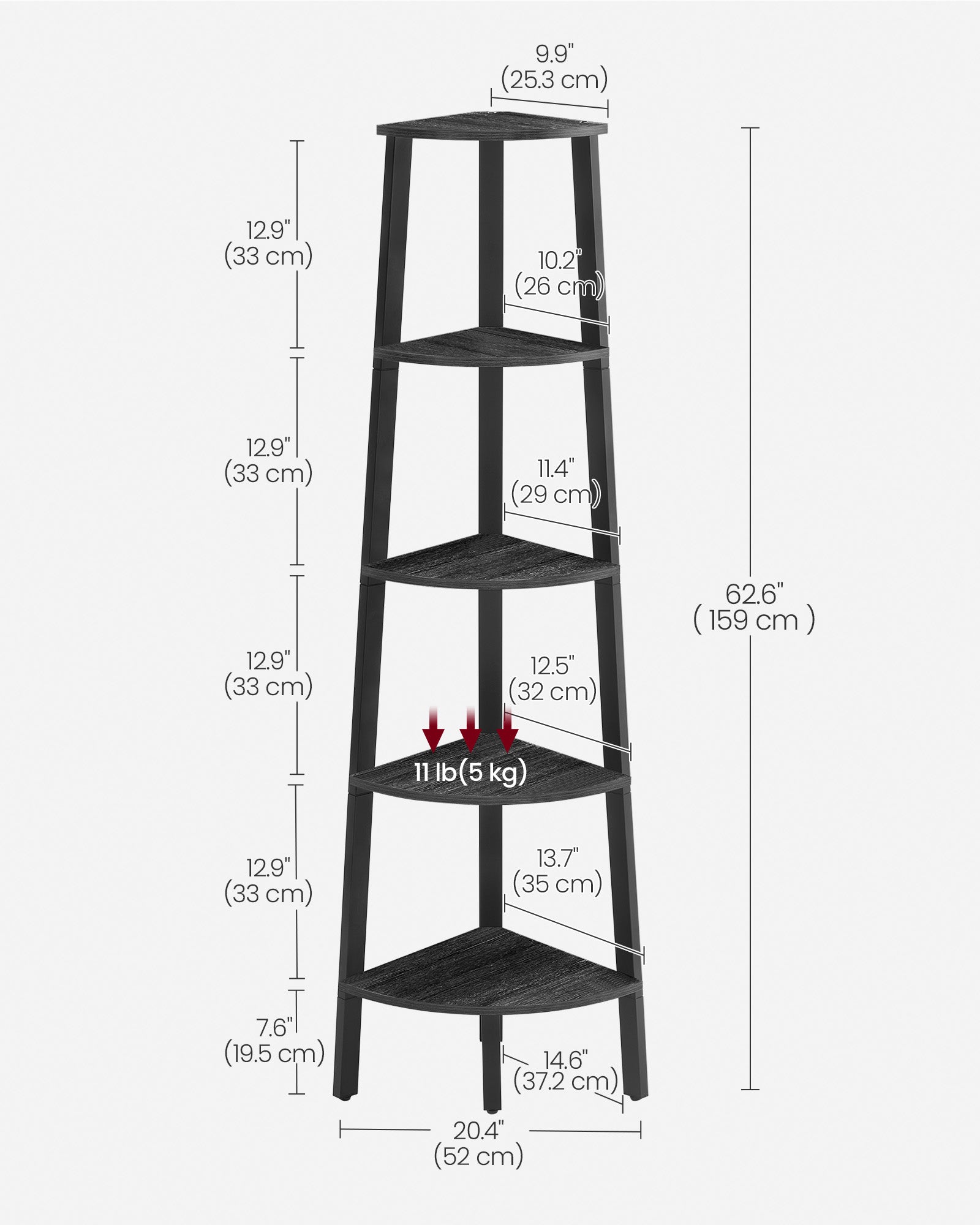 5-Tier Corner Shelf Unit – Wood and Metal – Charcoal Gray and Matte Black – Industrial Design