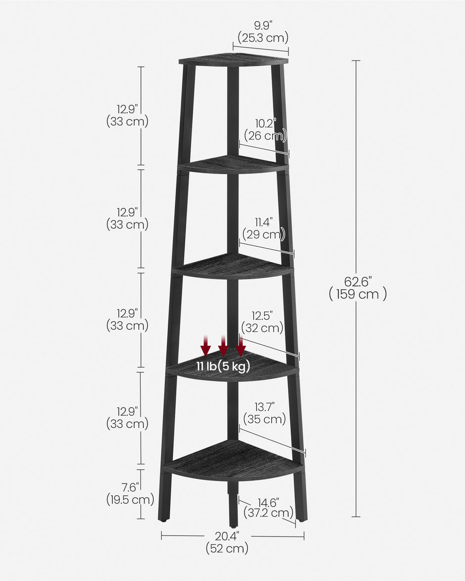 5-Tier Corner Shelf Unit – Wood and Metal – Charcoal Gray and Matte Black – Industrial Design