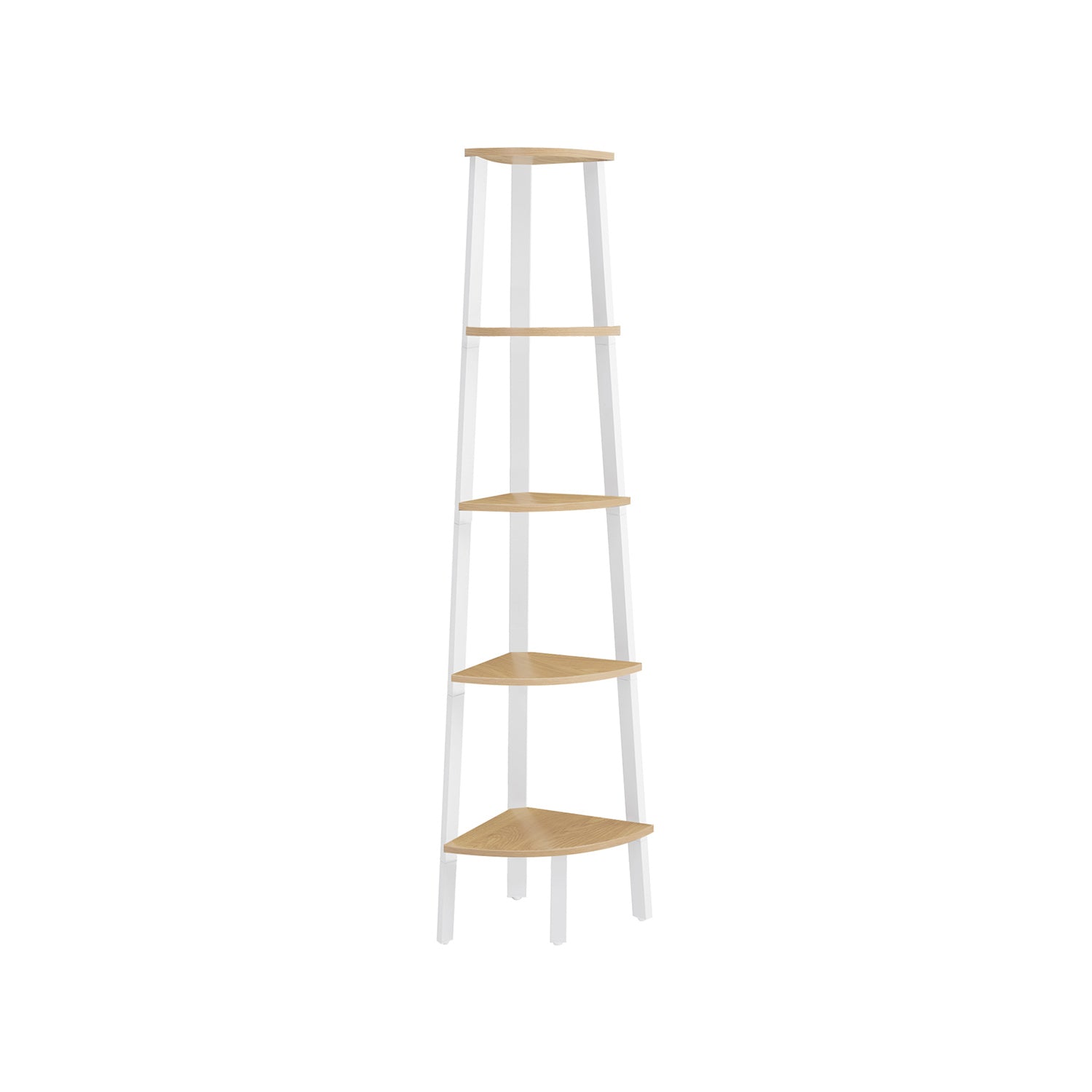 5-Tier Corner Shelf Unit – Natural Oak and Matte White – Versatile Design for Living Room and Plant Display