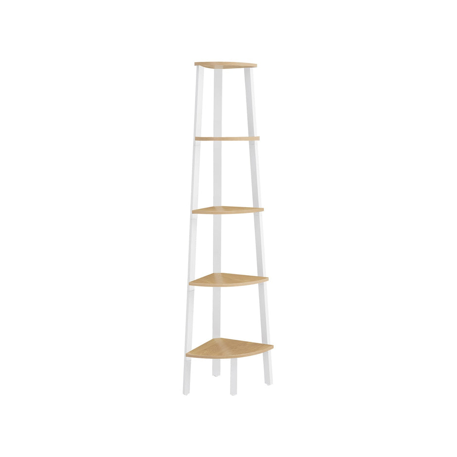 5-Tier Corner Shelf Unit – Natural Oak and Matte White – Versatile Design for Living Room and Plant Display