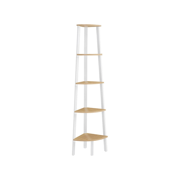 5-Tier Corner Shelf Unit – Natural Oak and Matte White – Versatile Design for Living Room and Plant Display