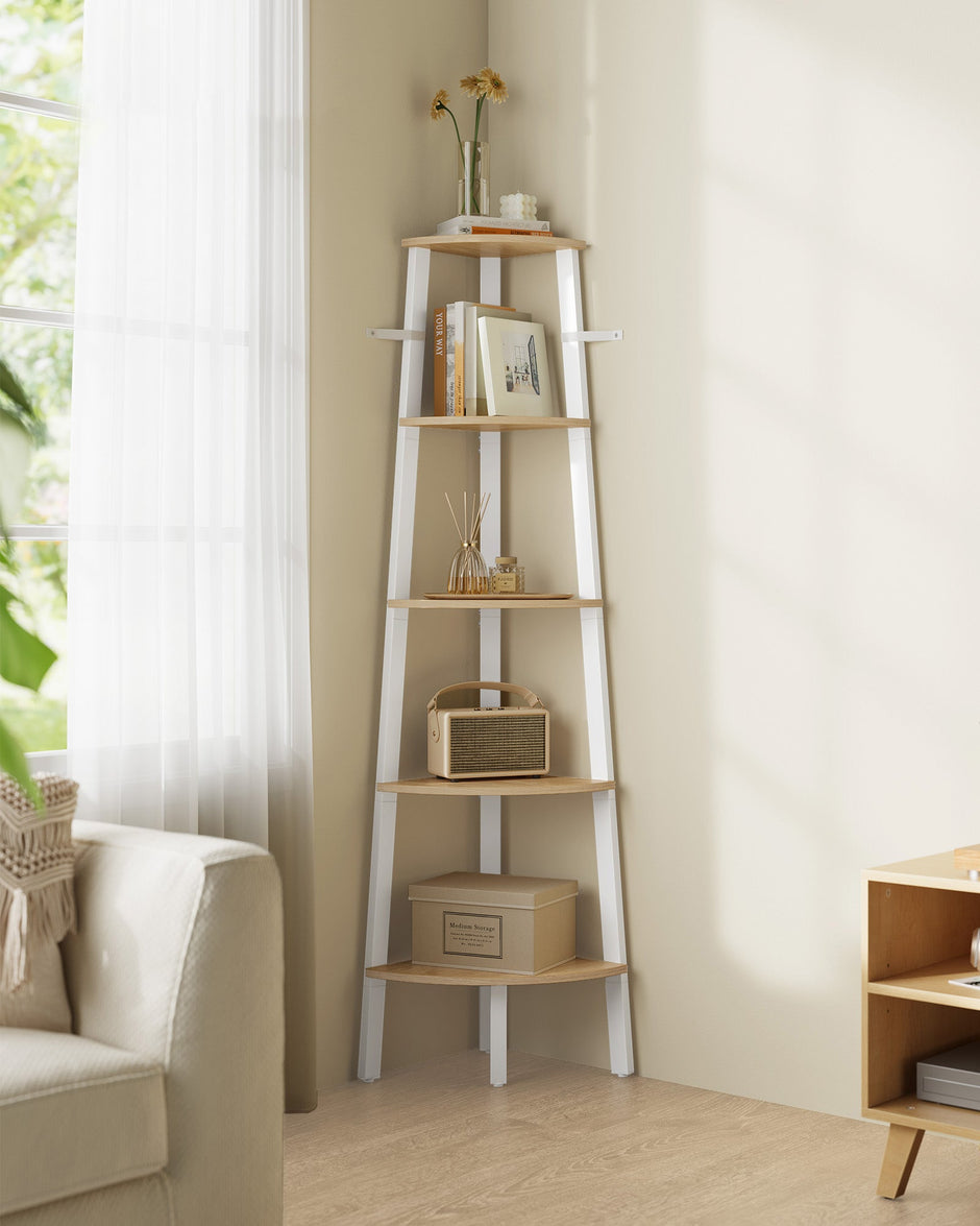 5-Tier Corner Shelf Unit – Natural Oak and Matte White – Versatile Design for Living Room and Plant Display