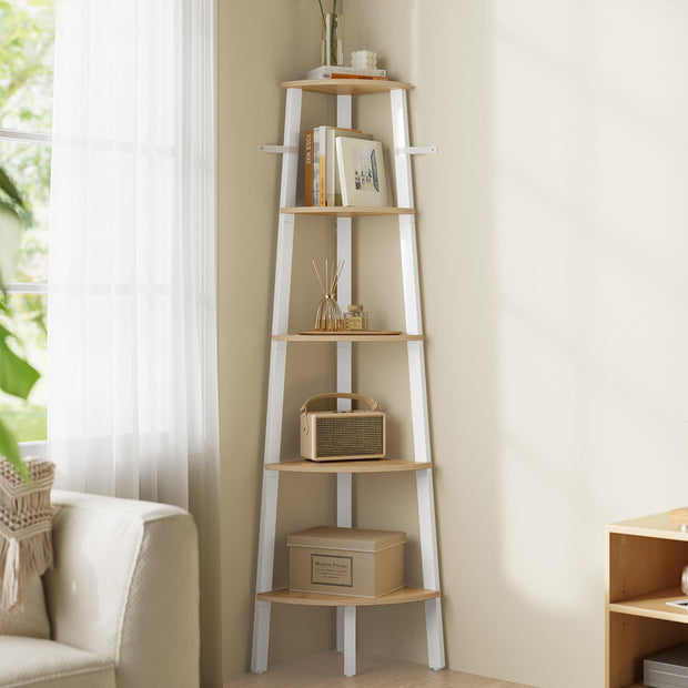 5-Tier Corner Shelf Unit – Natural Oak and Matte White – Versatile Design for Living Room and Plant Display