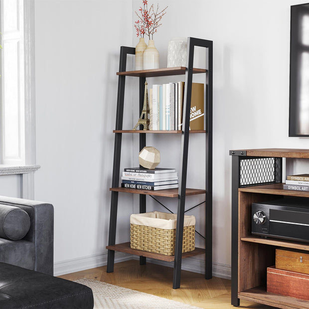 4-Tier Ladder Shelf – Wood and Metal – Hazelnut Brown and Black – Versatile Storage Solution for Living Room, Bedroom, and Kitchen
