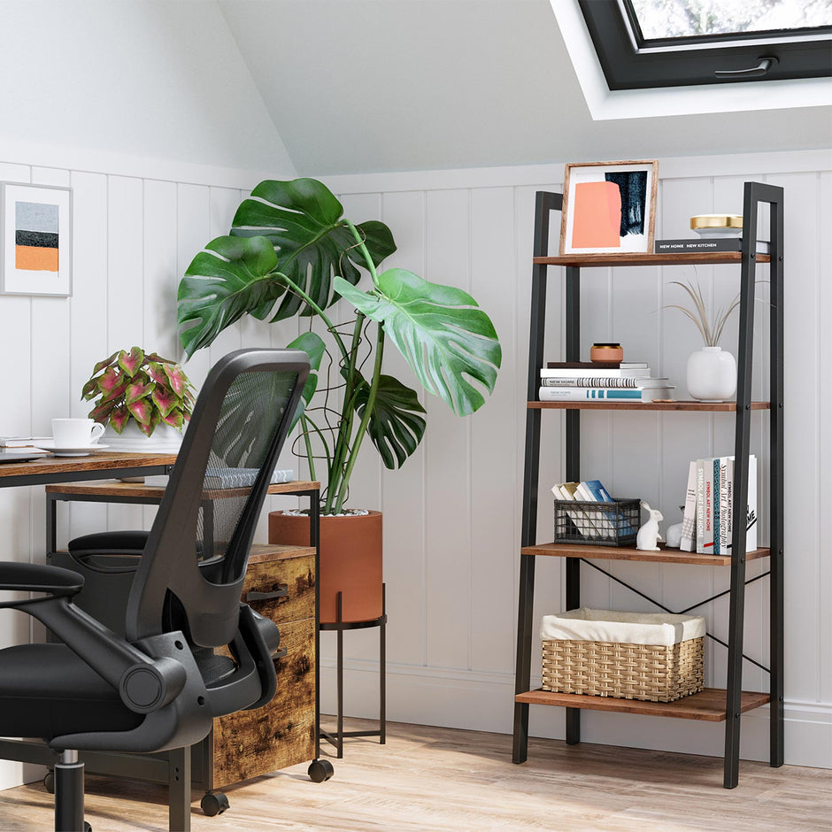 4-Tier Ladder Shelf – Wood and Metal – Hazelnut Brown and Black – Versatile Storage Solution for Living Room, Bedroom, and Kitchen