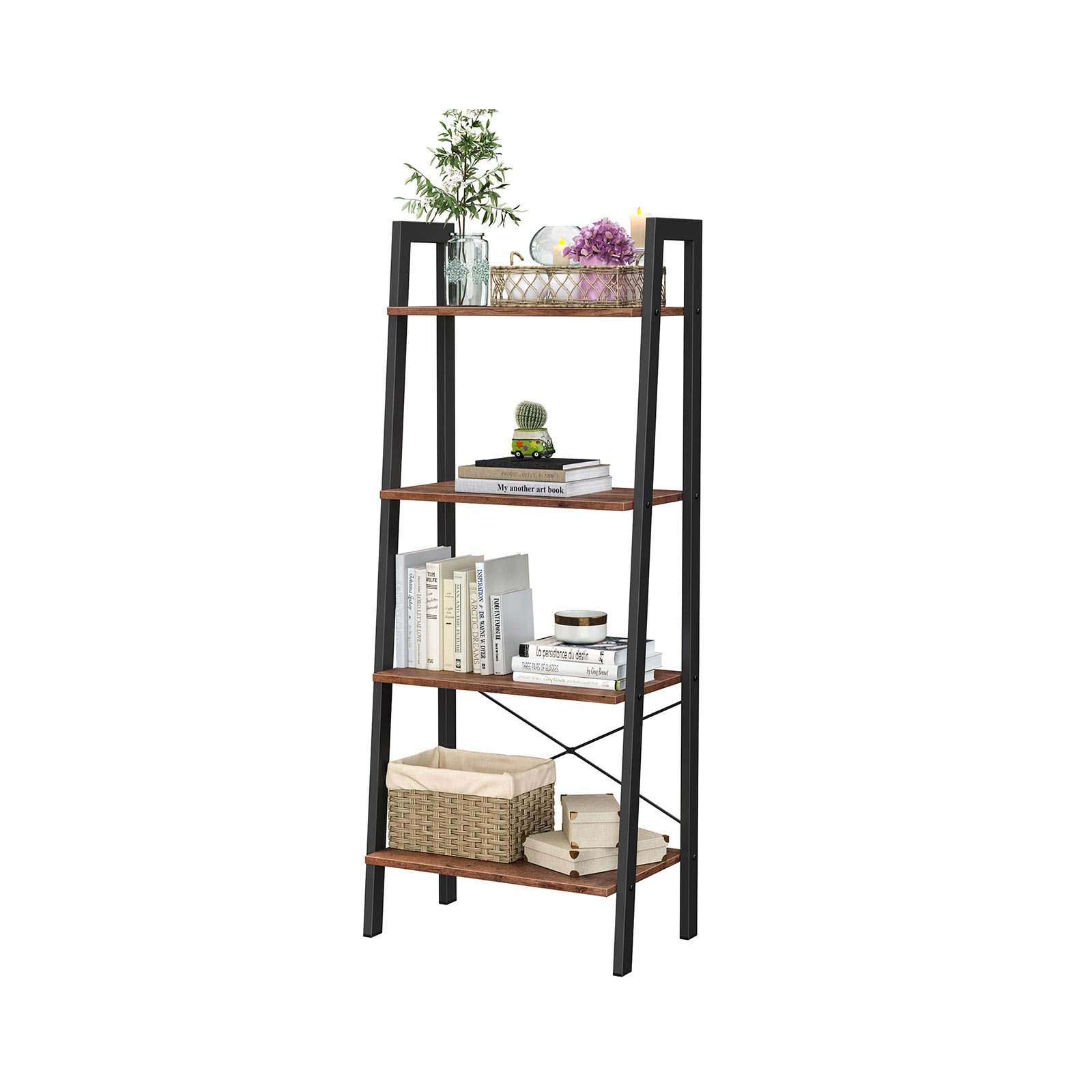 4-Tier Ladder Shelf – Wood and Metal – Hazelnut Brown and Black – Versatile Storage Solution for Living Room, Bedroom, and Kitchen