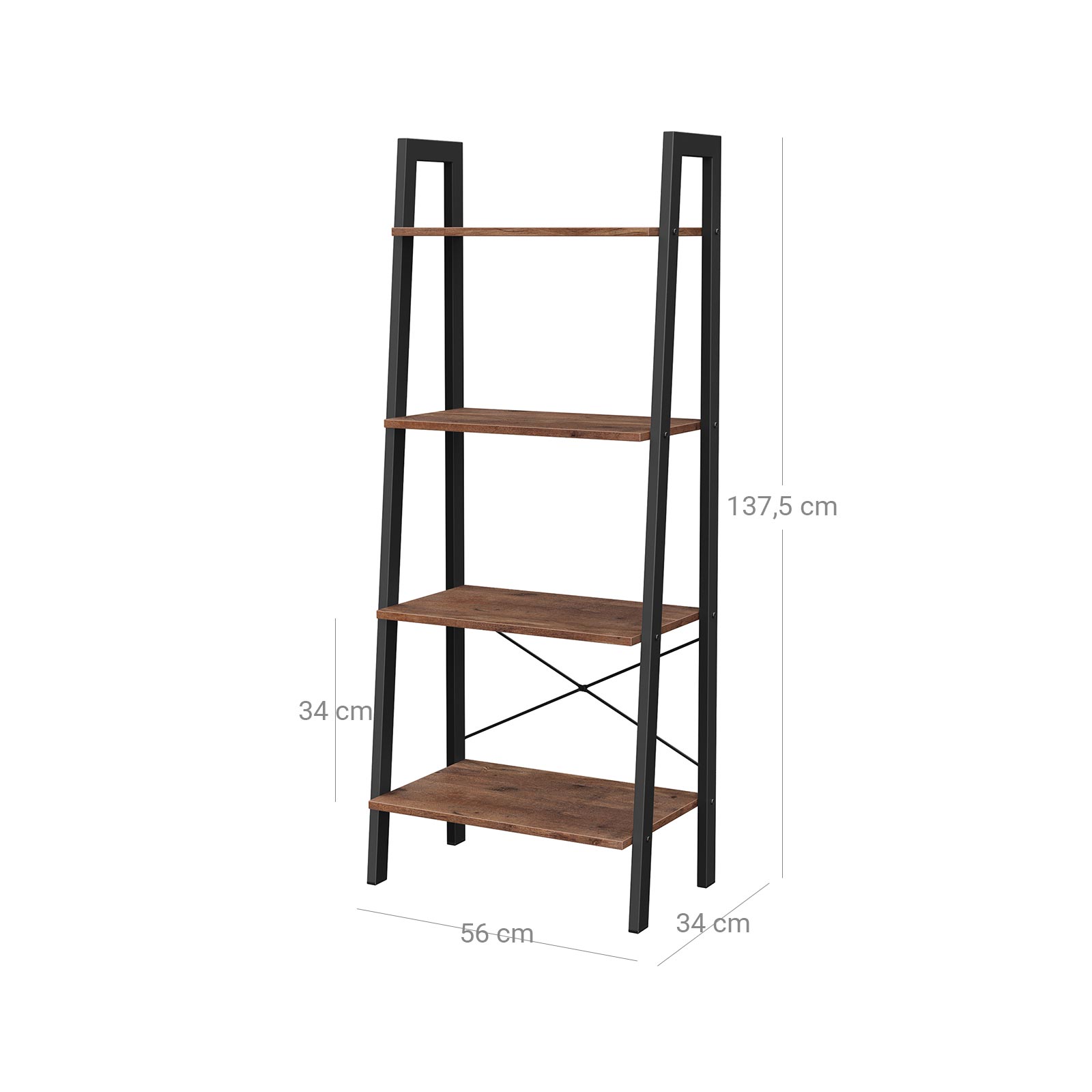 4-Tier Ladder Shelf – Wood and Metal – Hazelnut Brown and Black – Versatile Storage Solution for Living Room, Bedroom, and Kitchen