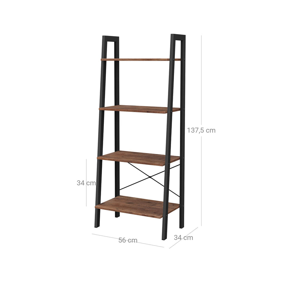 4-Tier Ladder Shelf – Wood and Metal – Hazelnut Brown and Black – Versatile Storage Solution for Living Room, Bedroom, and Kitchen