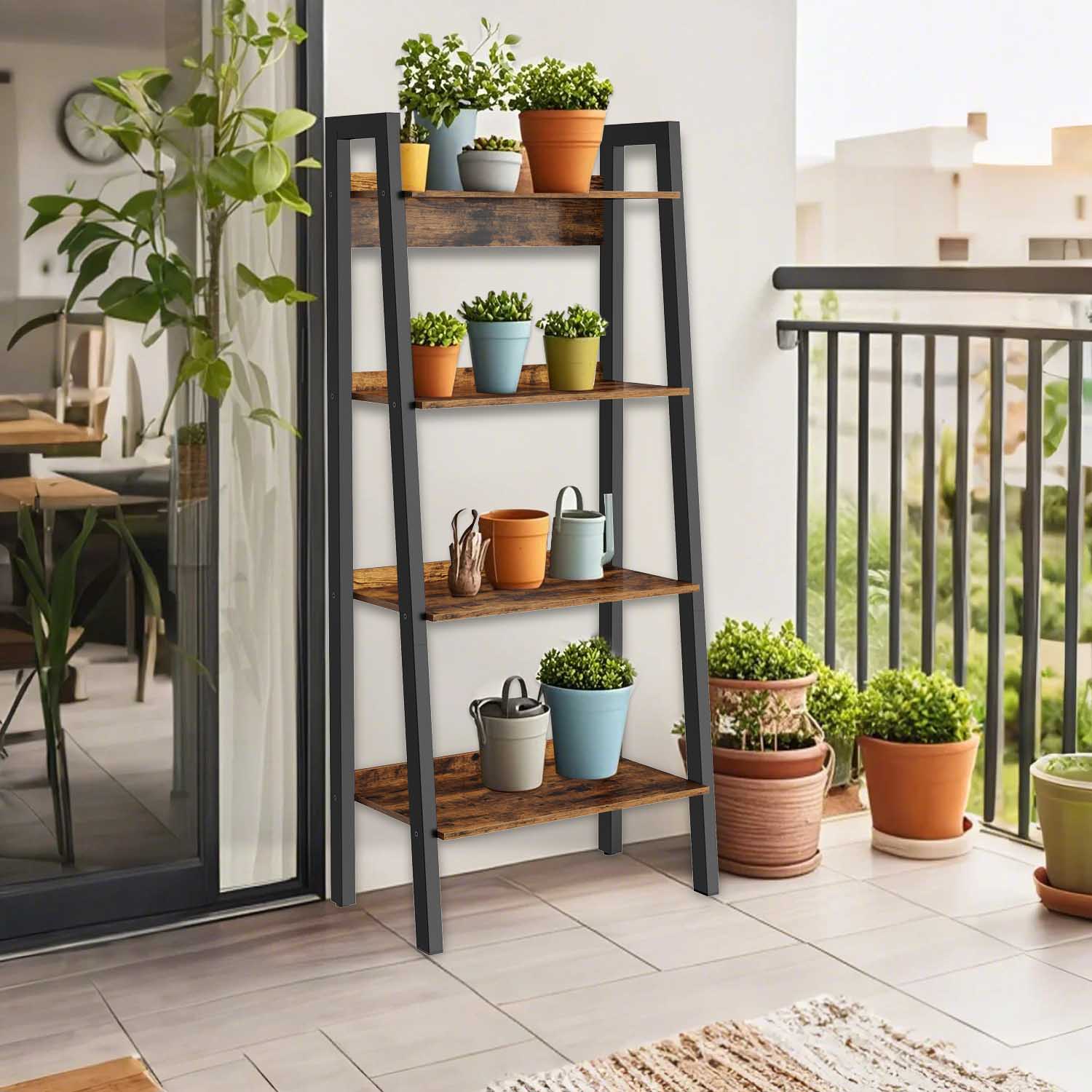 4-Tier Bookcase – Metal Frame – Rustic Brown and Black – Freestanding Storage Shelf