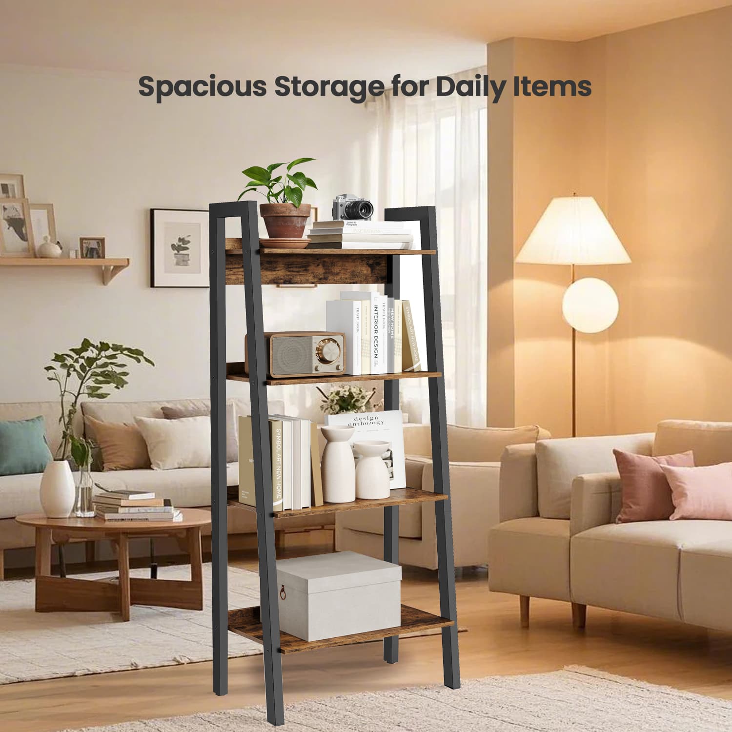 4-Tier Bookcase – Metal Frame – Rustic Brown and Black – Freestanding Storage Shelf