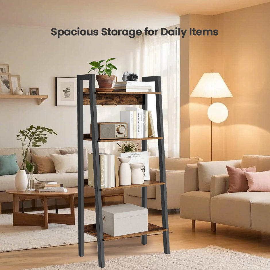 4-Tier Bookcase – Metal Frame – Rustic Brown and Black – Freestanding Storage Shelf