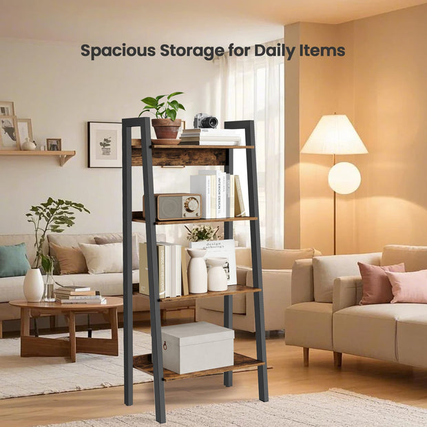 4-Tier Bookcase – Metal Frame – Rustic Brown and Black – Freestanding Storage Shelf