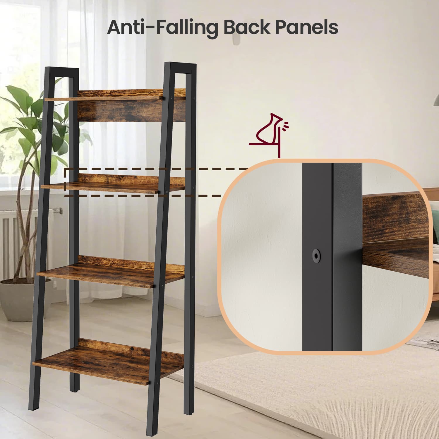 4-Tier Bookcase – Metal Frame – Rustic Brown and Black – Freestanding Storage Shelf