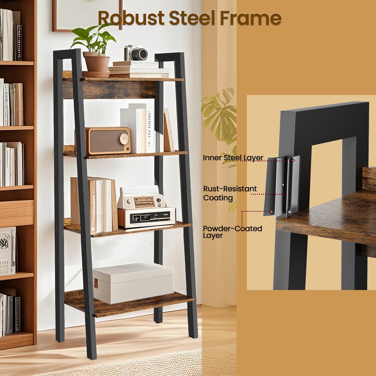 4-Tier Bookcase – Metal Frame – Rustic Brown and Black – Freestanding Storage Shelf
