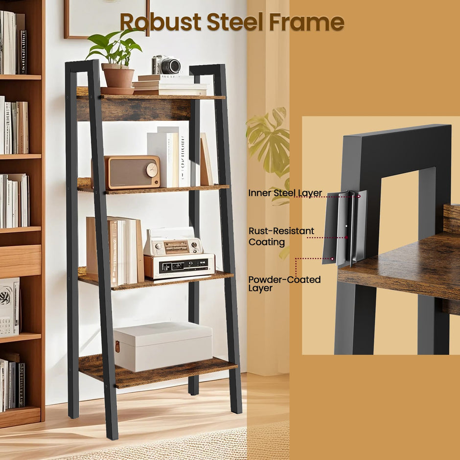 4-Tier Bookcase – Metal Frame – Rustic Brown and Black – Freestanding Storage Shelf