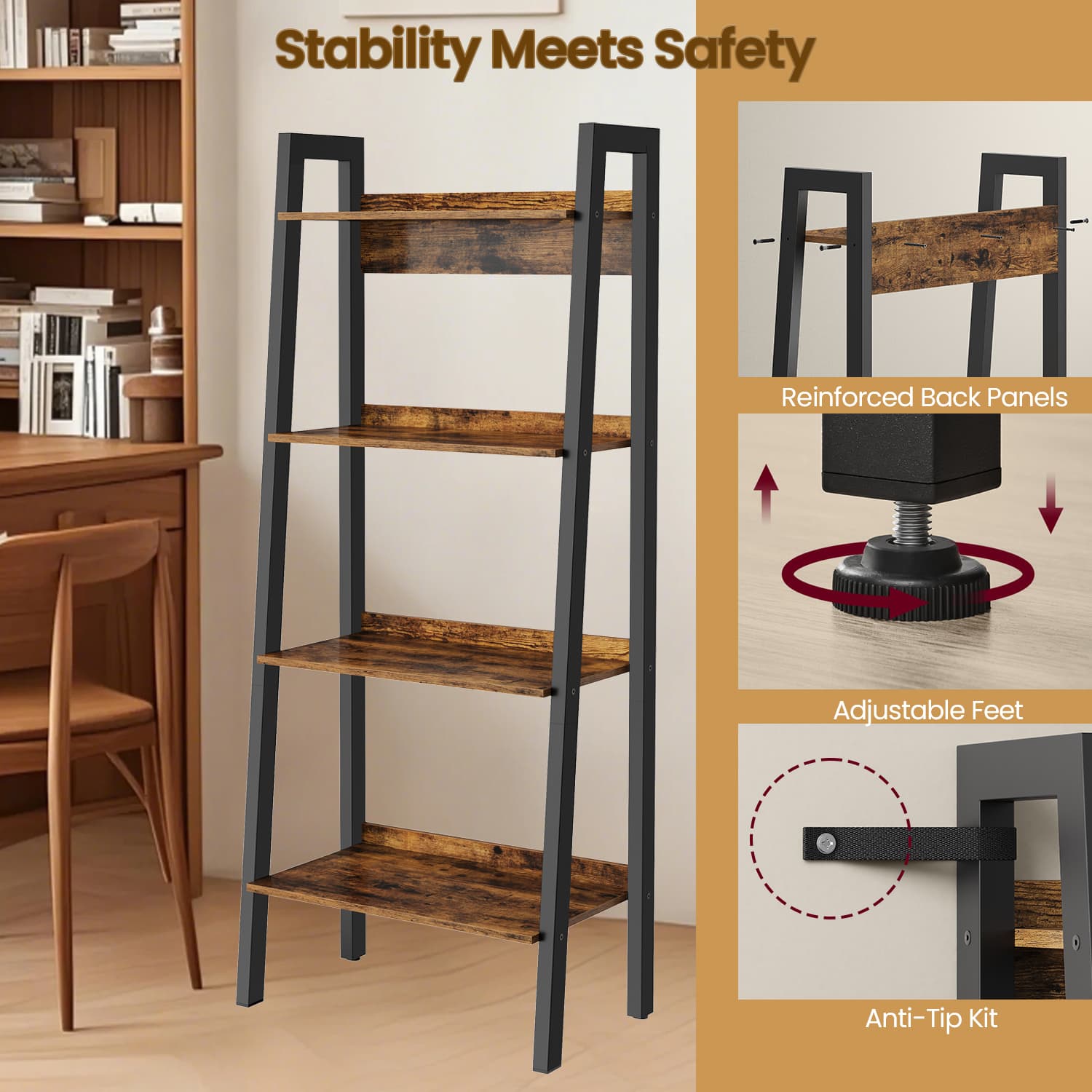 4-Tier Bookcase – Metal Frame – Rustic Brown and Black – Freestanding Storage Shelf