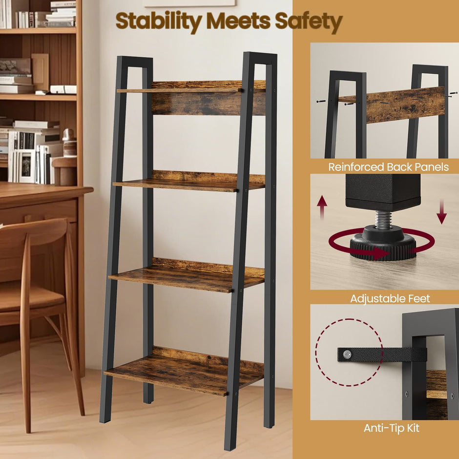 4-Tier Bookcase – Metal Frame – Rustic Brown and Black – Freestanding Storage Shelf