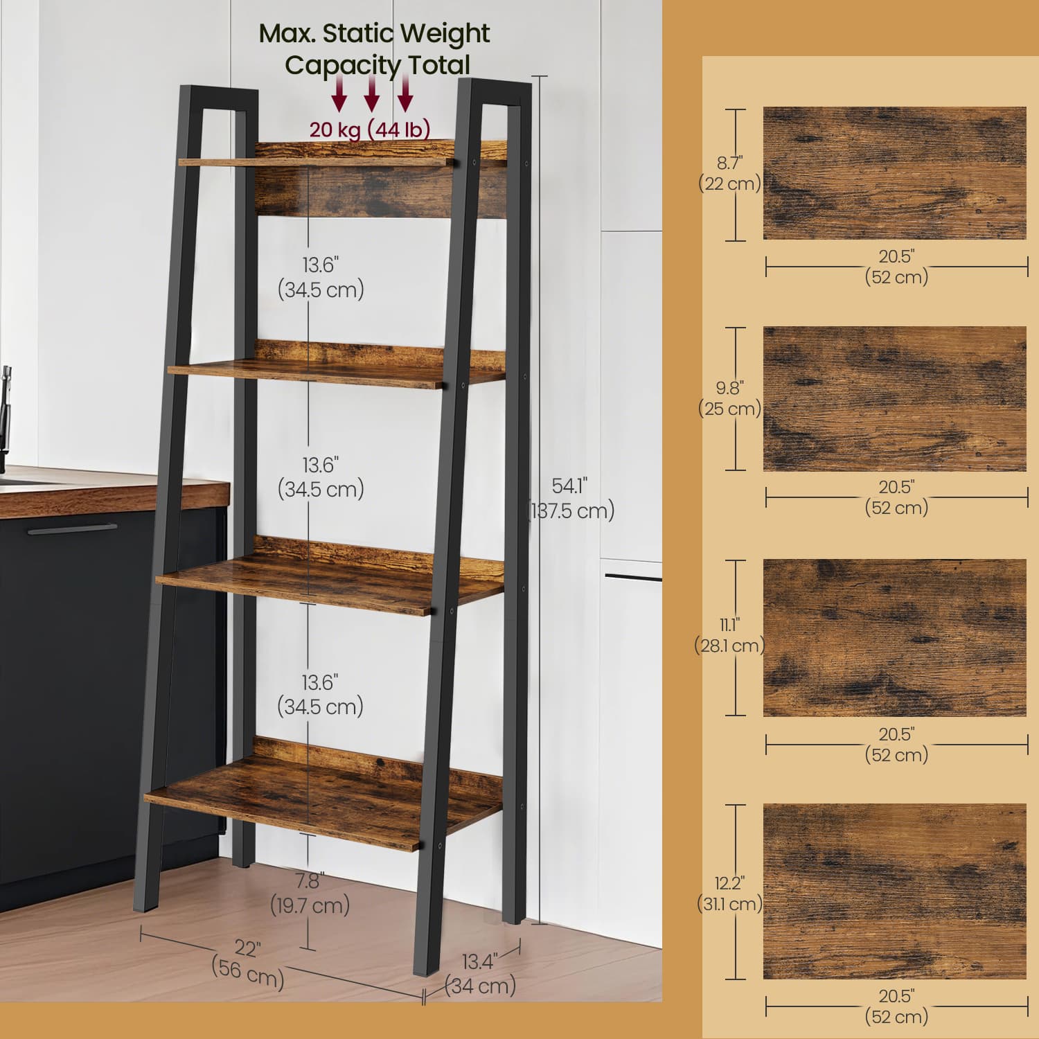 4-Tier Bookcase – Metal Frame – Rustic Brown and Black – Freestanding Storage Shelf