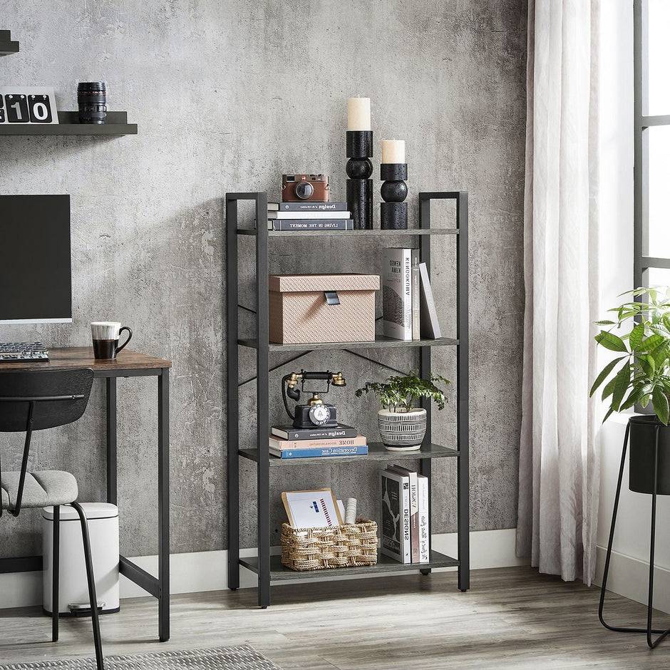 4-Tier Bookshelf – Engineered Wood – Rustic Brown – Industrial Design with Stable Iron Frame