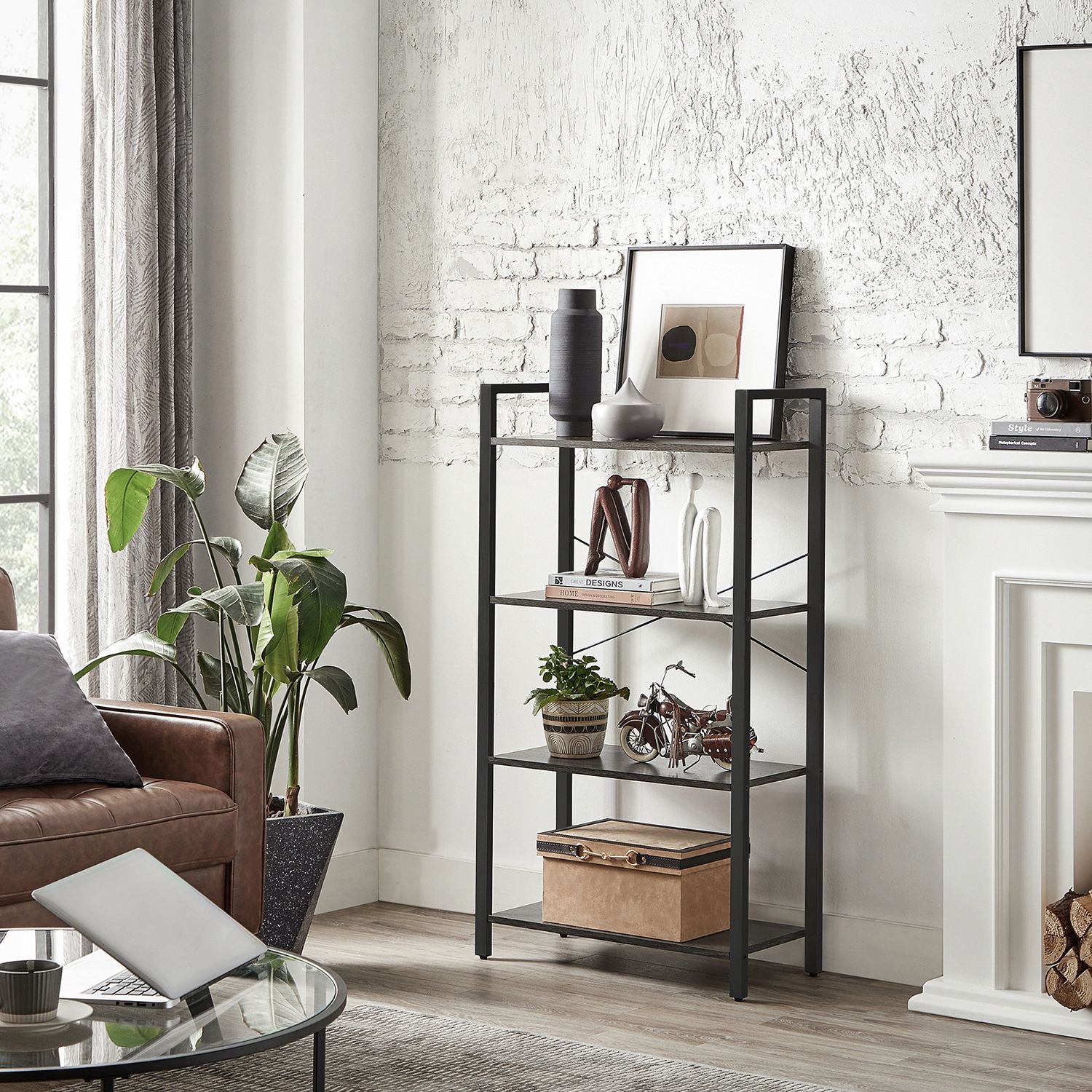 4-Tier Bookshelf – Engineered Wood – Rustic Brown – Industrial Design with Stable Iron Frame
