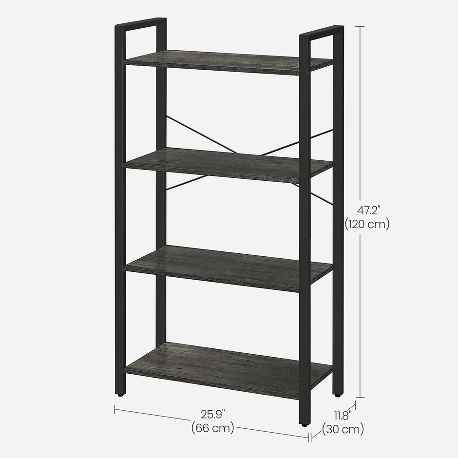 4-Tier Bookshelf – Engineered Wood – Rustic Brown – Industrial Design with Stable Iron Frame