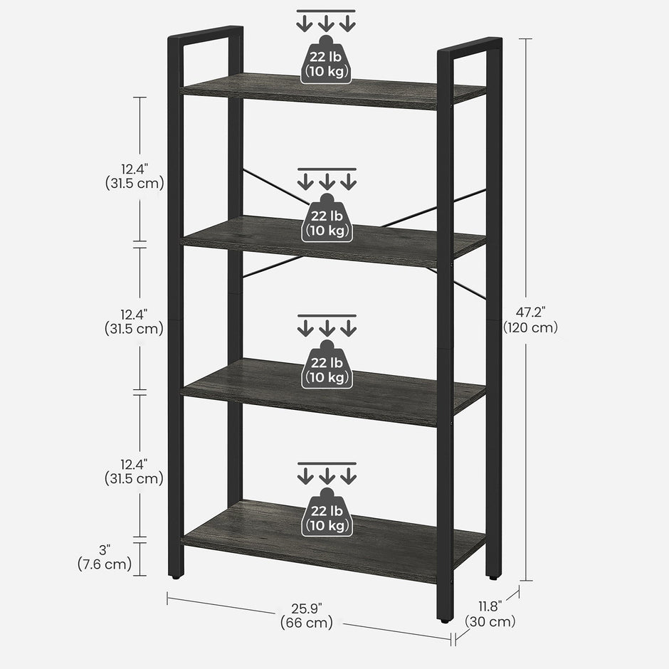 4-Tier Bookshelf – Engineered Wood – Rustic Brown – Industrial Design with Stable Iron Frame