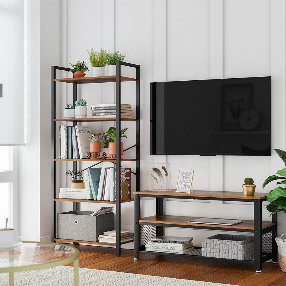 5-Tier Storage Rack – Steel Frame – Rustic Brown and Black – Industrial Style