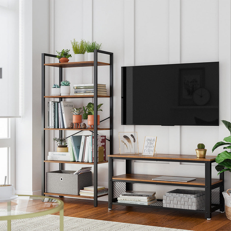 5-Tier Storage Rack – Steel Frame – Rustic Brown and Black – Industrial Style