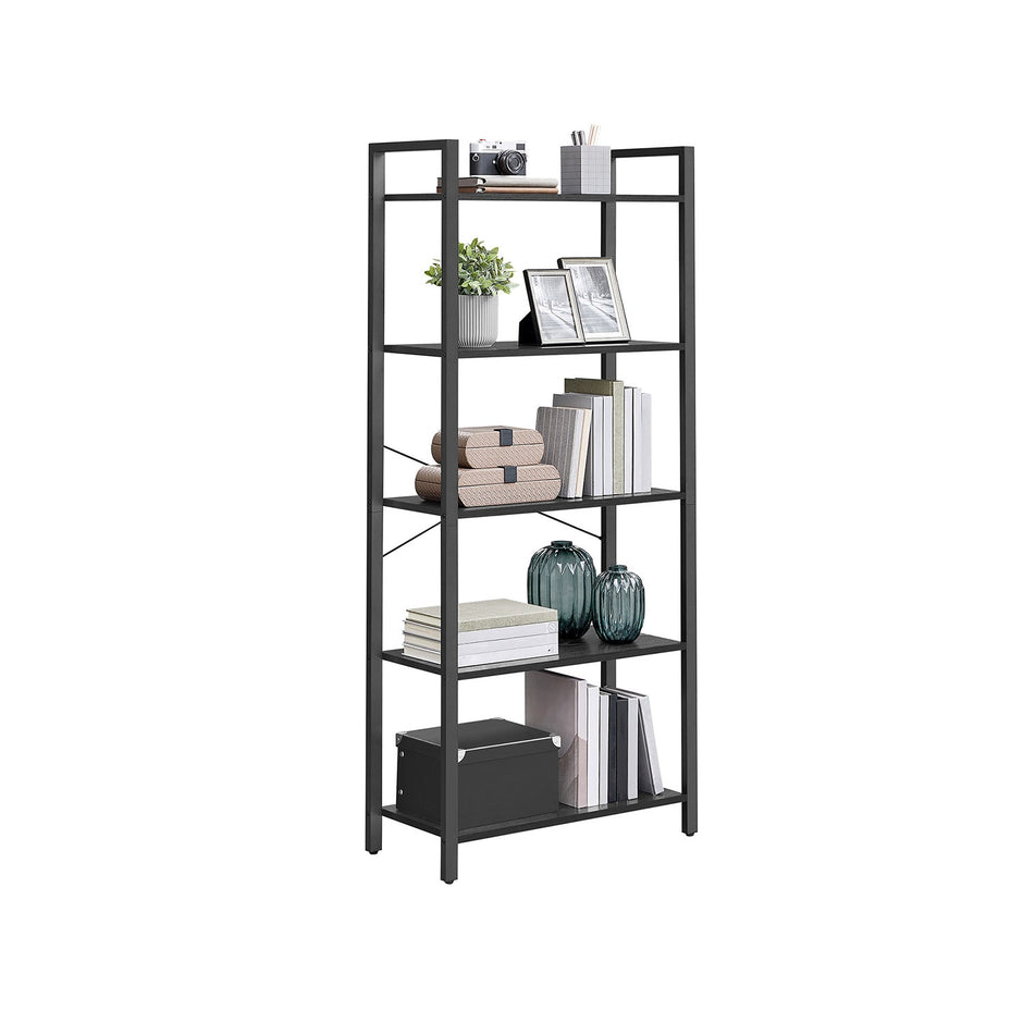 5-Tier Bookshelf – Steel Frame – Ebony Black and Ink Black – Industrial Style