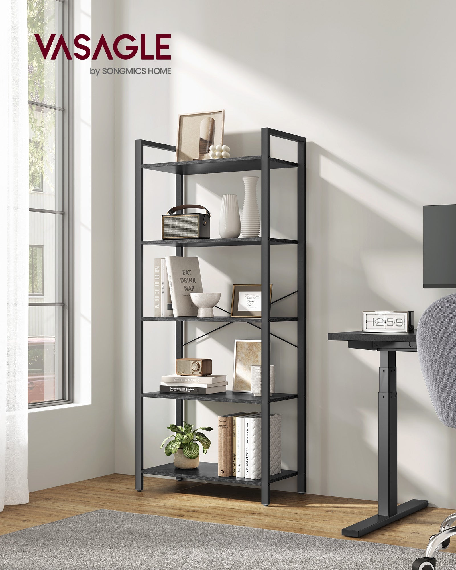 5-Tier Bookshelf – Steel Frame – Ebony Black and Ink Black – Industrial Style