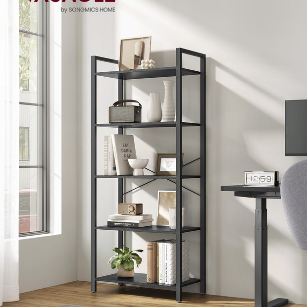5-Tier Bookshelf – Steel Frame – Ebony Black and Ink Black – Industrial Style