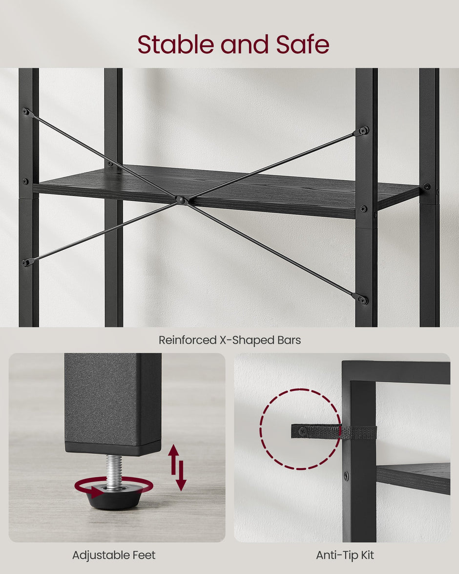 5-Tier Bookshelf – Steel Frame – Ebony Black and Ink Black – Industrial Style