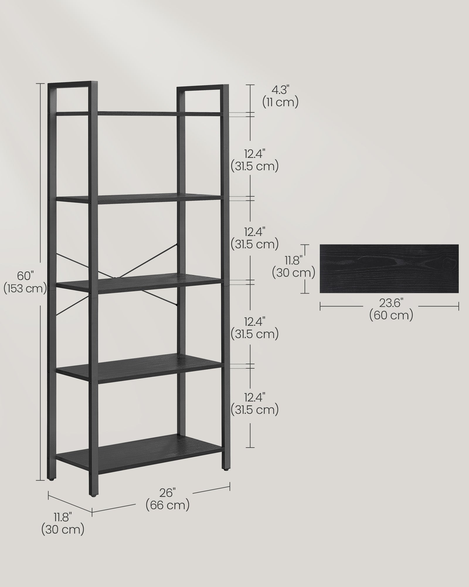 5-Tier Bookshelf – Steel Frame – Ebony Black and Ink Black – Industrial Style