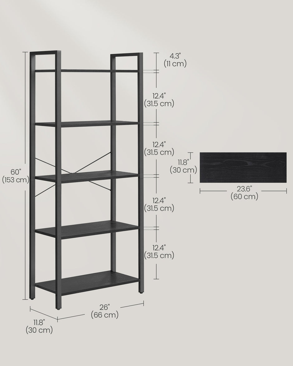 5-Tier Bookshelf – Steel Frame – Ebony Black and Ink Black – Industrial Style