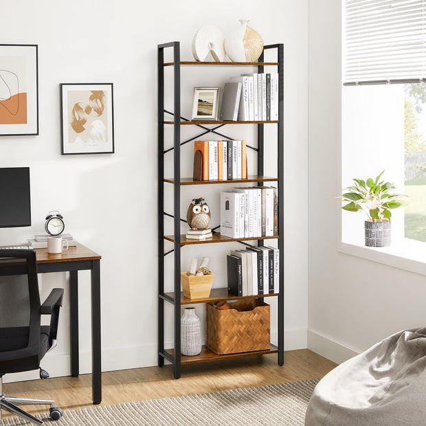 6-Tier Bookcase – Steel Frame – Special Walnut and Black – Freestanding Design