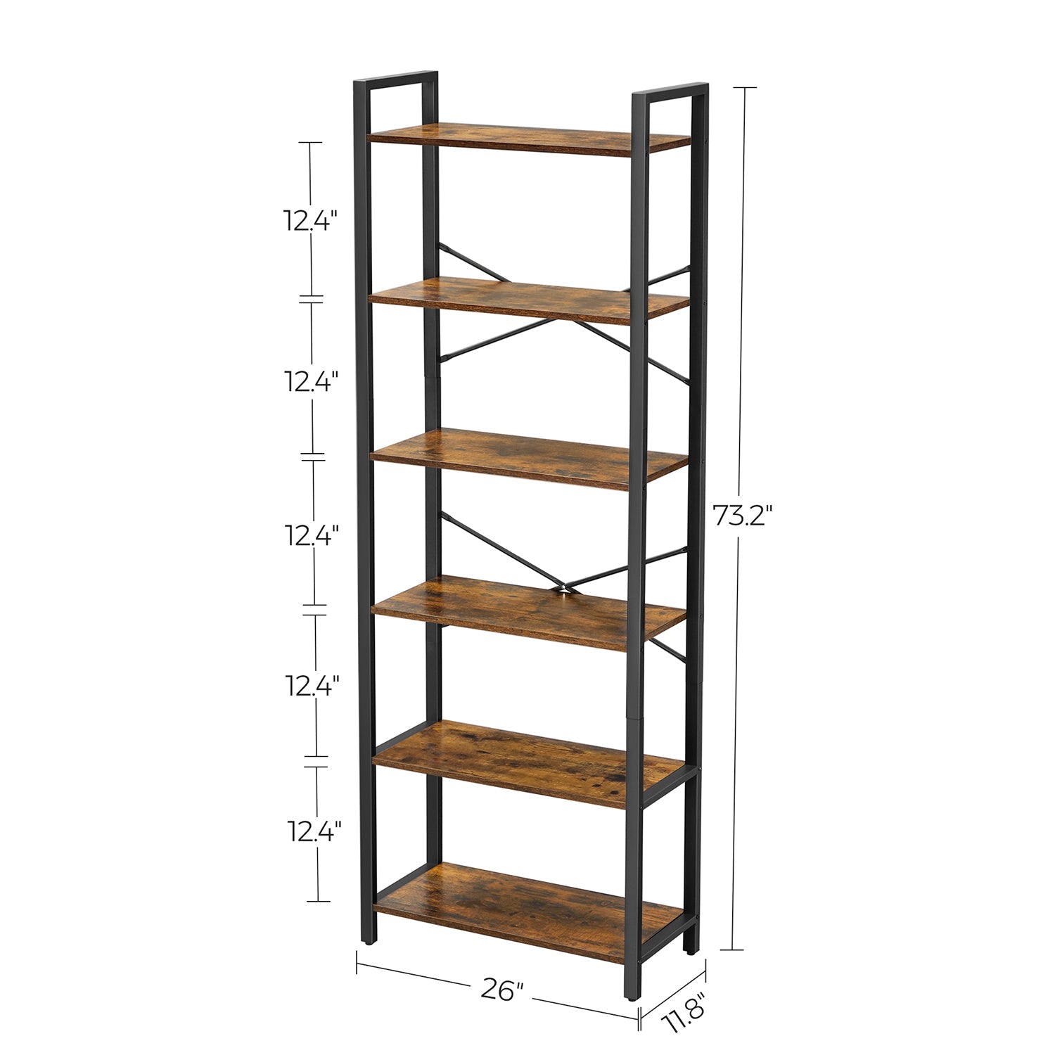 6-Tier Bookcase – Steel Frame – Special Walnut and Black – Freestanding Design