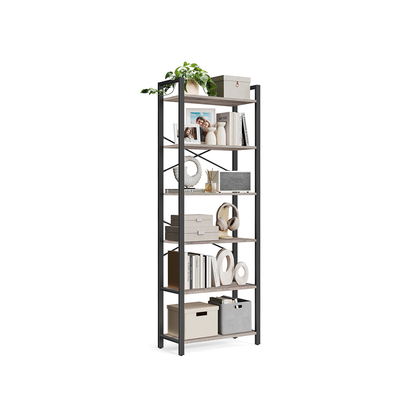 Industrial 6-Tier Bookcase – Steel – Heather Greige and Black – Adjustable Shelves