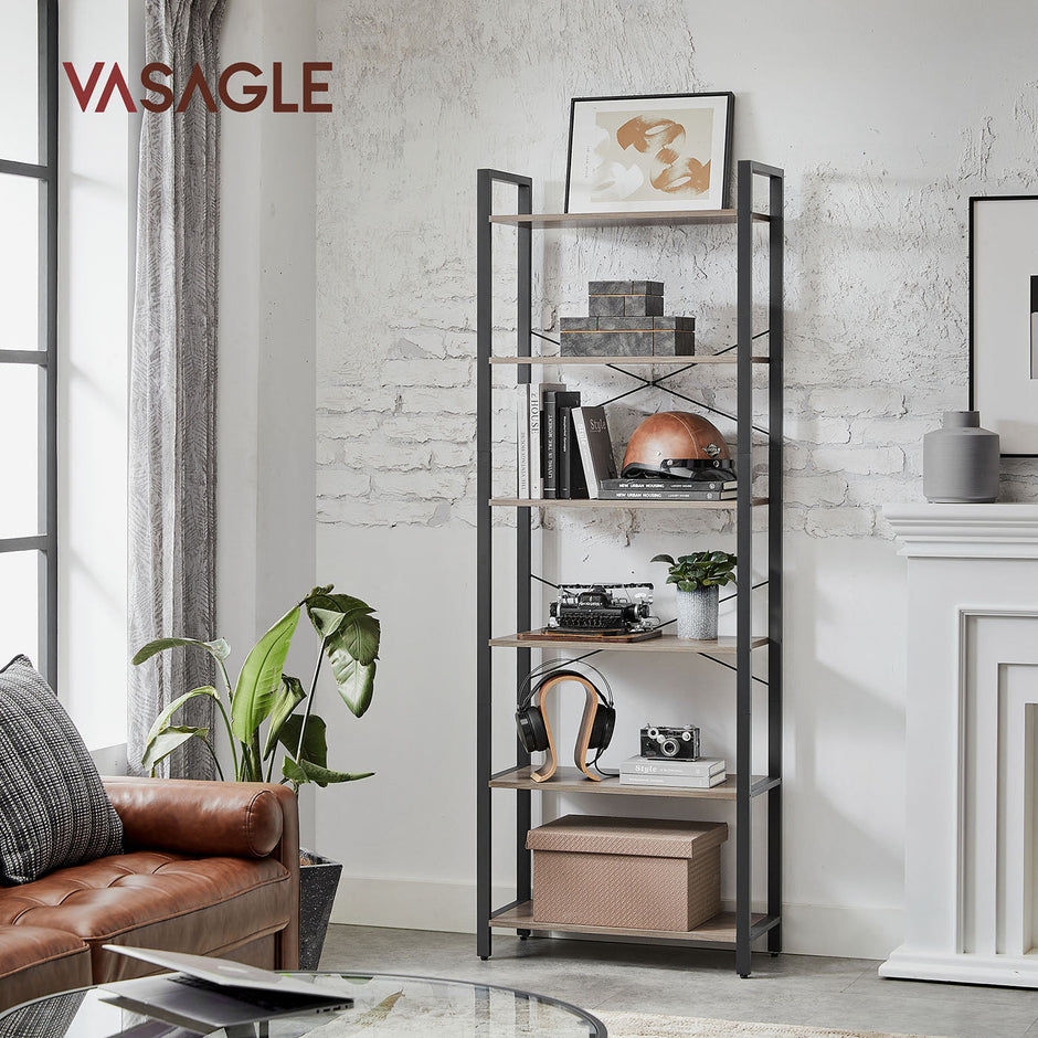 Industrial 6-Tier Bookcase – Steel – Heather Greige and Black – Adjustable Shelves