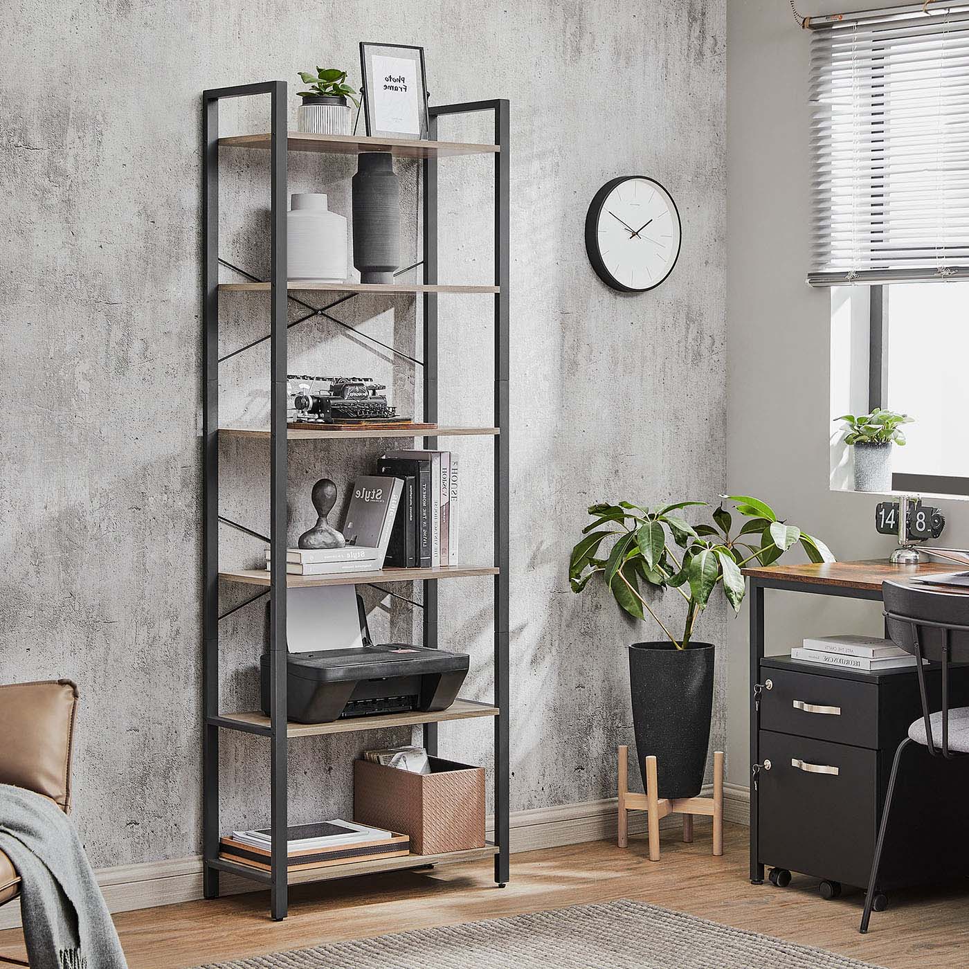 Industrial 6-Tier Bookcase – Steel – Heather Greige and Black – Adjustable Shelves