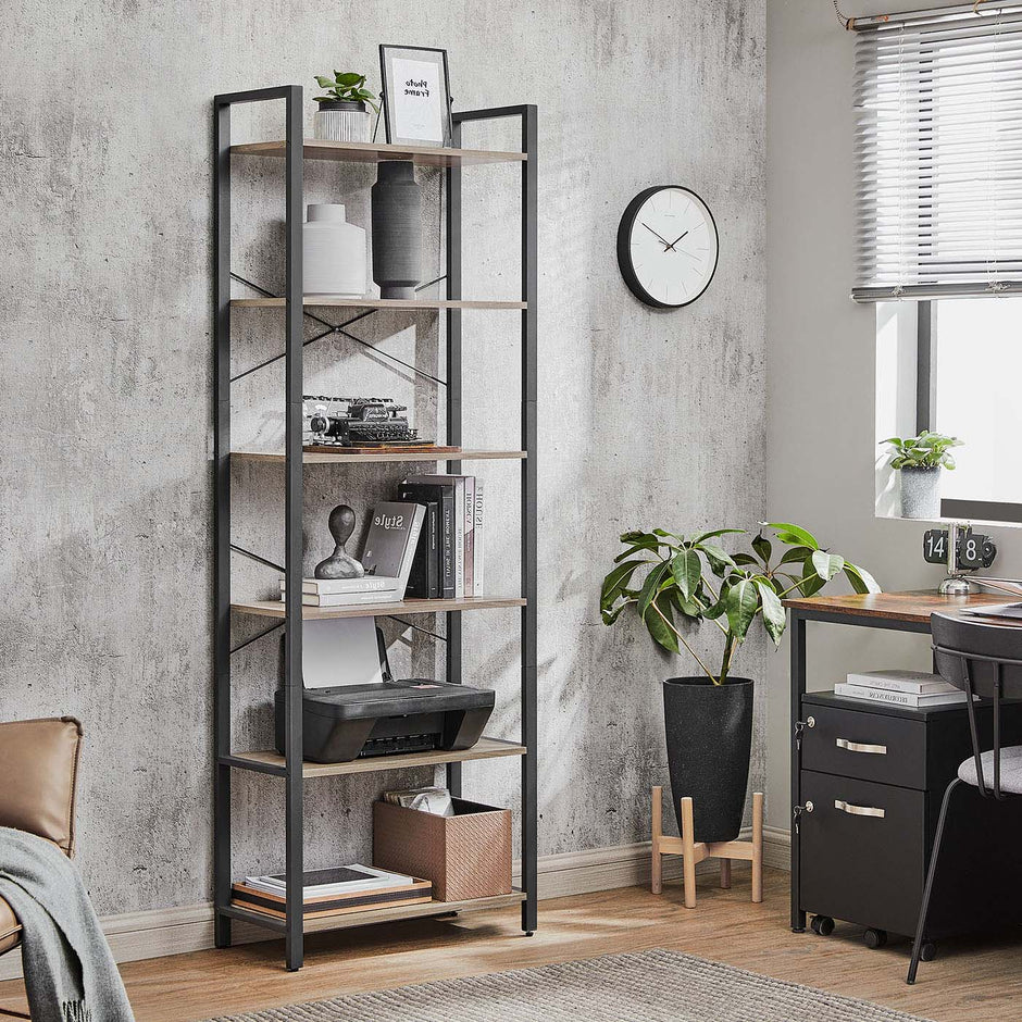 Industrial 6-Tier Bookcase – Steel – Heather Greige and Black – Adjustable Shelves