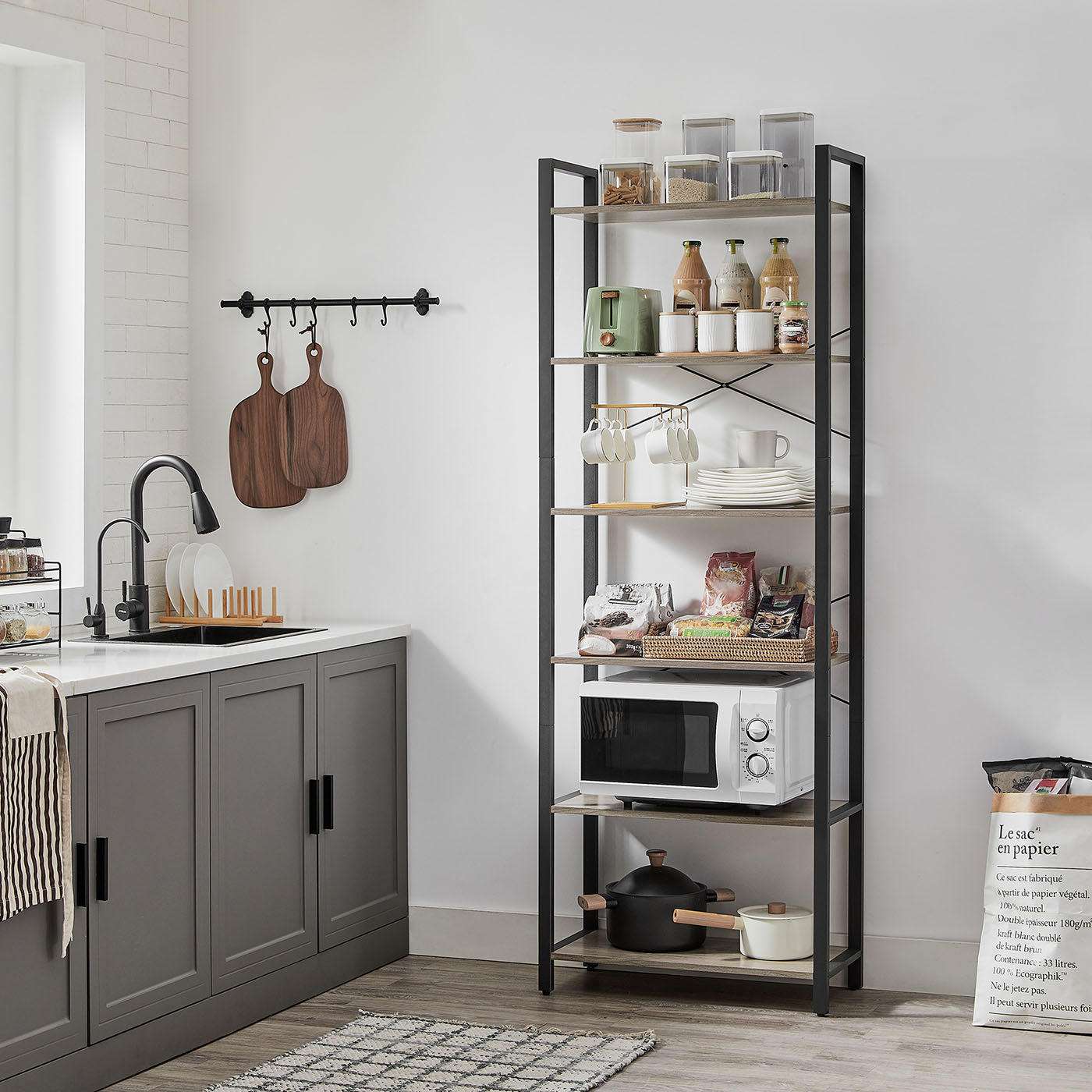 Industrial 6-Tier Bookcase – Steel – Heather Greige and Black – Adjustable Shelves