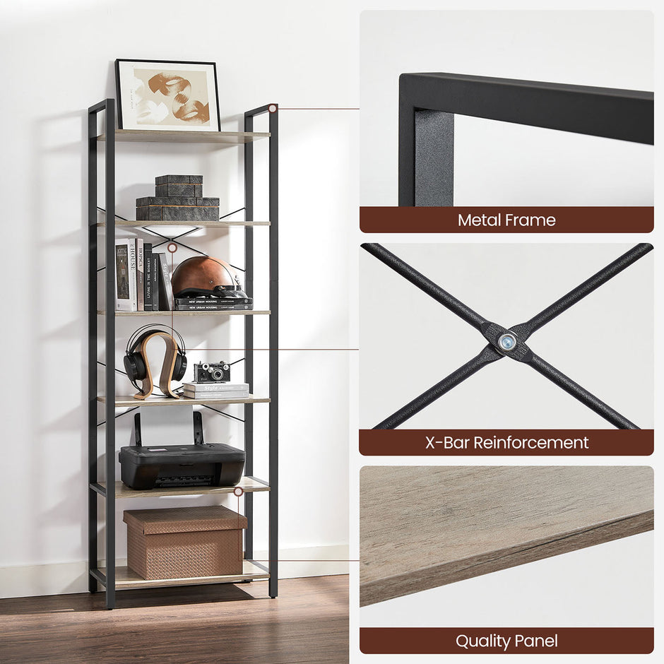 Industrial 6-Tier Bookcase – Steel – Heather Greige and Black – Adjustable Shelves