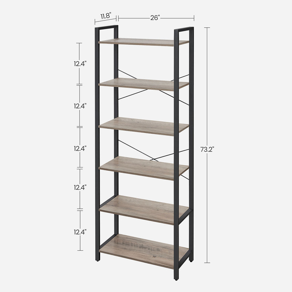 Industrial 6-Tier Bookcase – Steel – Heather Greige and Black – Adjustable Shelves