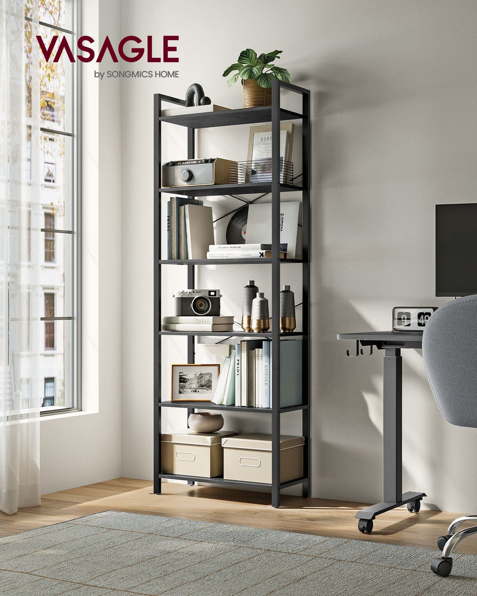 Freestanding Bookshelf – Steel – Ebony Black and Ink Black – 6-Tier Industrial Design